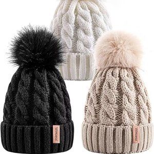 3 PCS Womens Beanie with Pom Pom, Knit Beanie Hats for Women‎ Winter and Fall